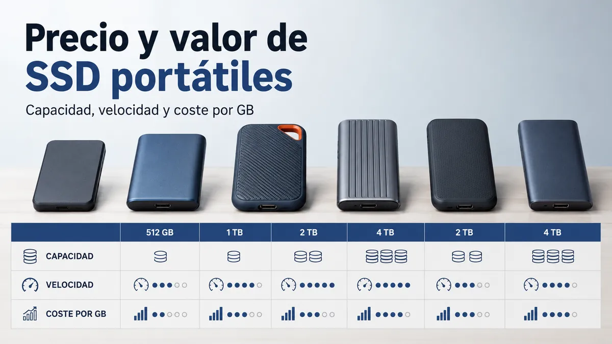 SSD portátiles comparados por capacidad de almacenamiento, velocidad y criterios de valor