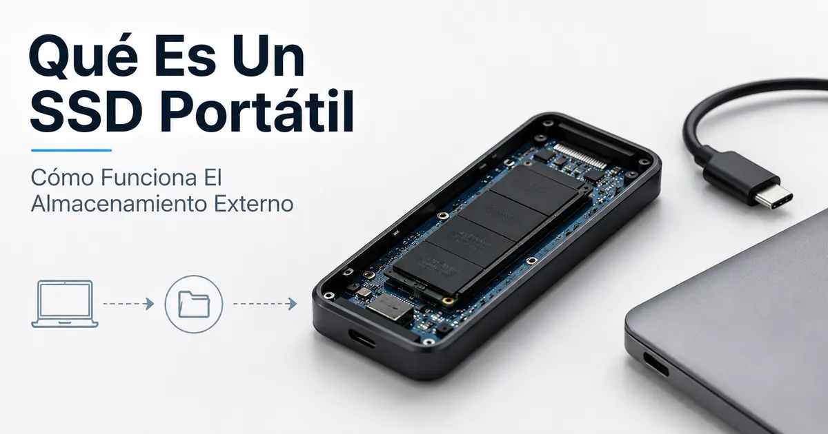 SSD portátil abierto junto a un cable y un dispositivo para mostrar cómo funciona el almacenamiento externo