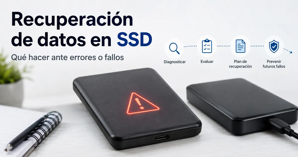 SSD portátil con aviso de error y unidad de copia de seguridad en recuperación de datos