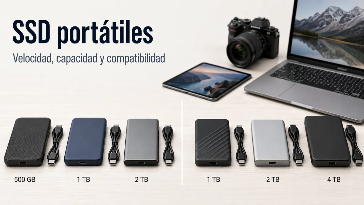 SSD portátiles con cables, etiquetas de capacidad y dispositivos compatibles