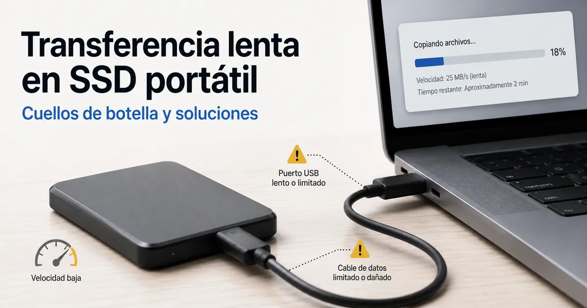 SSD portátil transfiriendo archivos lentamente con cable y puerto como posible cuello de botella