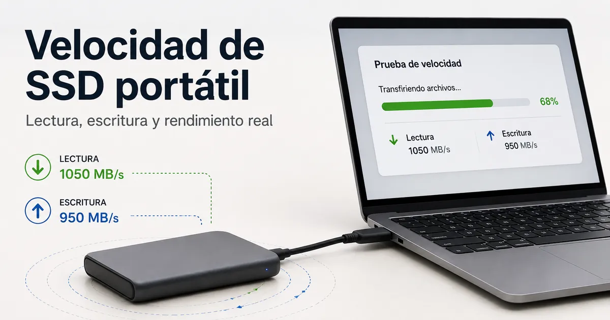 SSD portátil conectado a un portátil durante una prueba de velocidad de transferencia