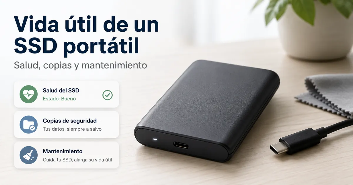 SSD portátil sobre una mesa con mantenimiento, copias de seguridad y salud de la unidad