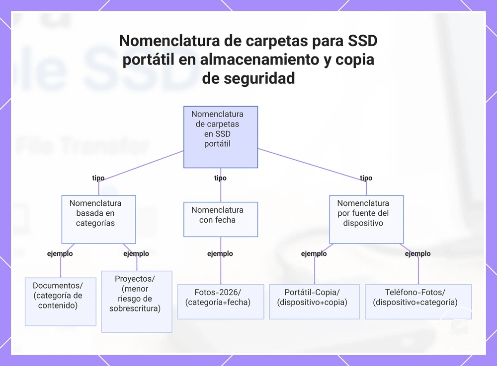 Nomenclatura de carpetas para SSD portátil en almacenamiento y copia de seguridad