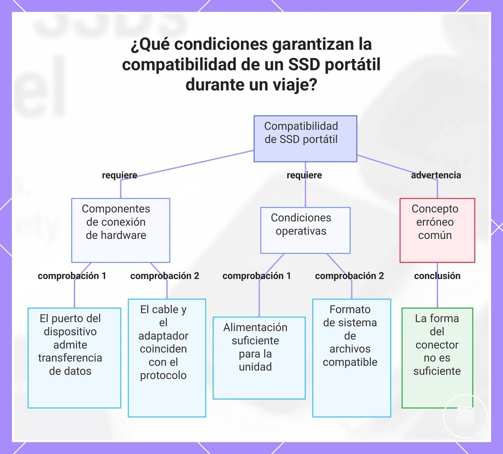 ¿Qué condiciones garantizan la compatibilidad de un SSD portátil durante un viaje?
