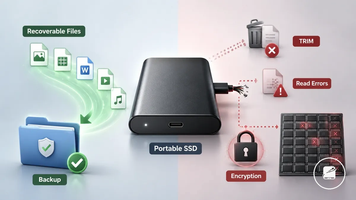 Diagrama que compara las condiciones de archivos recuperables y no recuperables en un SSD portátil