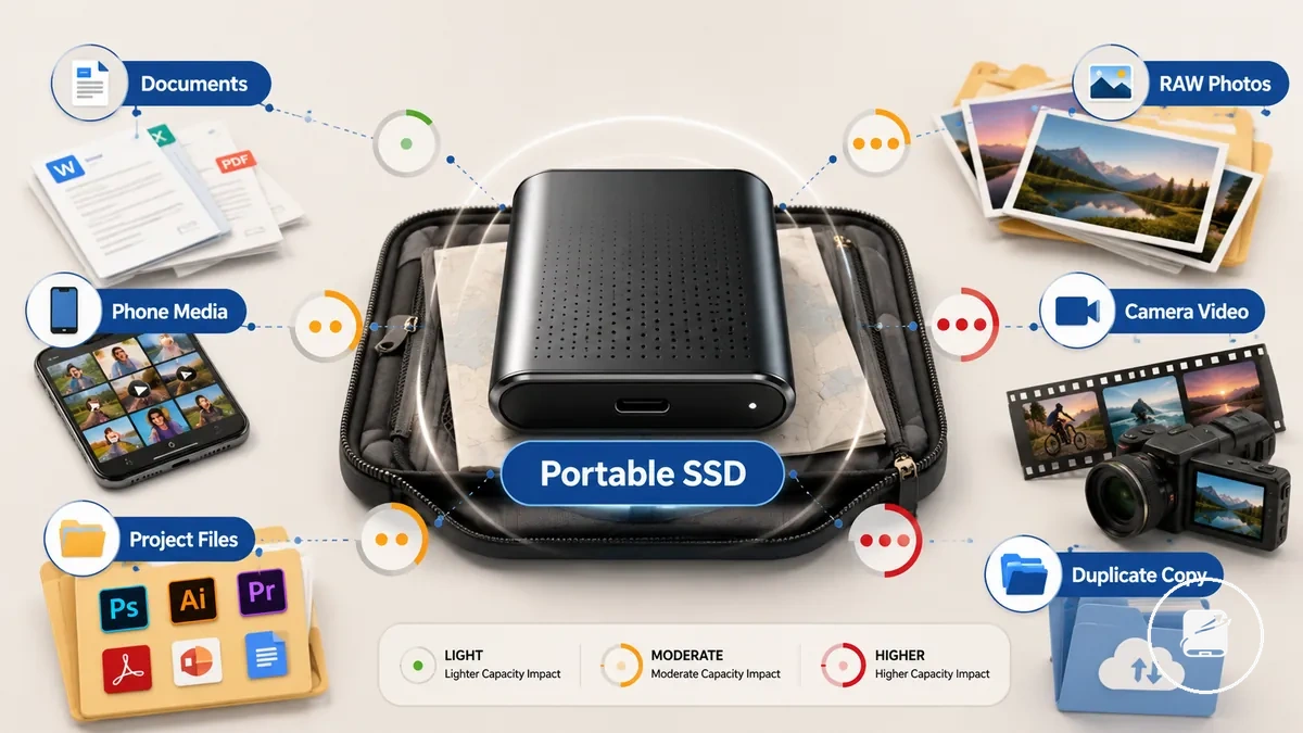 Rangos de capacidad de SSD portátil para fotos, vídeos, documentos y copias de seguridad en viajes