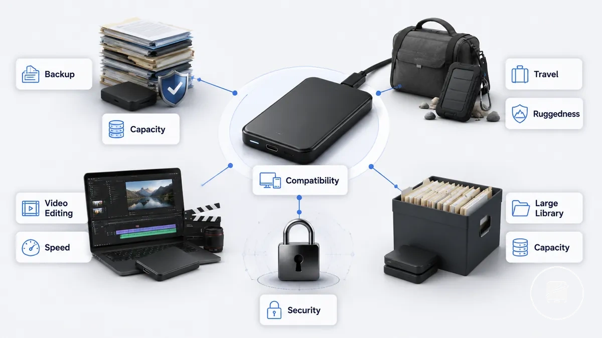 Types de stockage SSD portable comparés par besoins de sauvegarde, voyage, montage vidéo, sécurité et grande bibliothèque