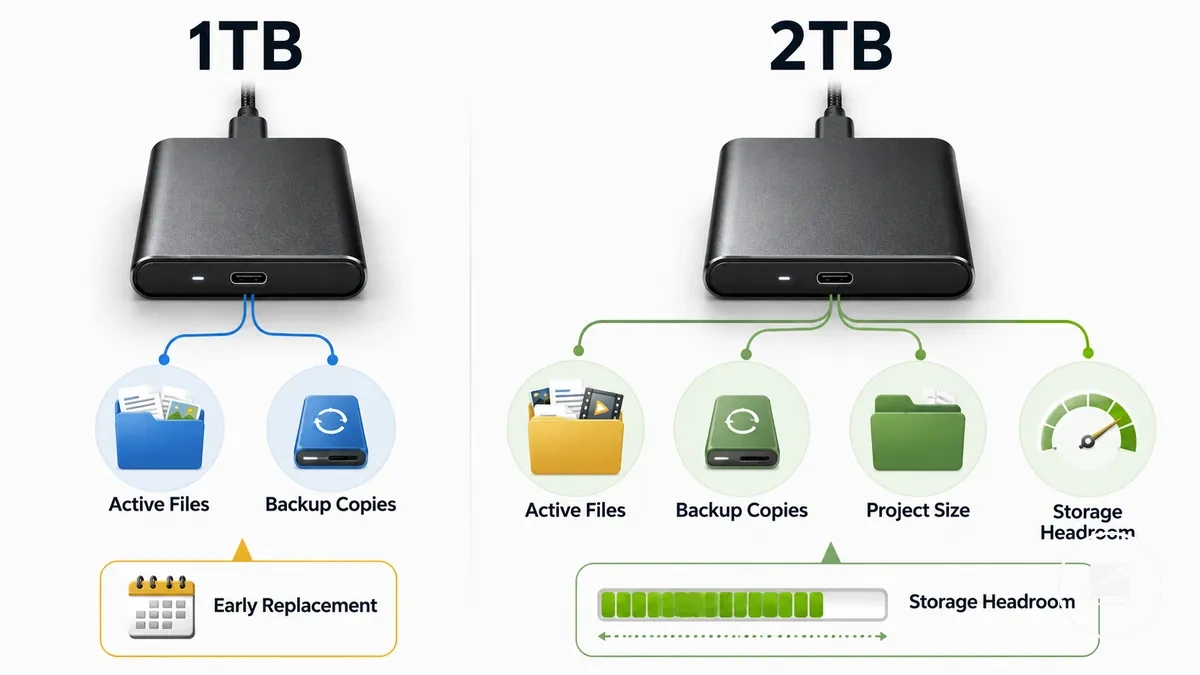 Graphique comparatif de la capacité des SSD portables de 1 To et 2 To pour les fichiers actifs et les sauvegardes