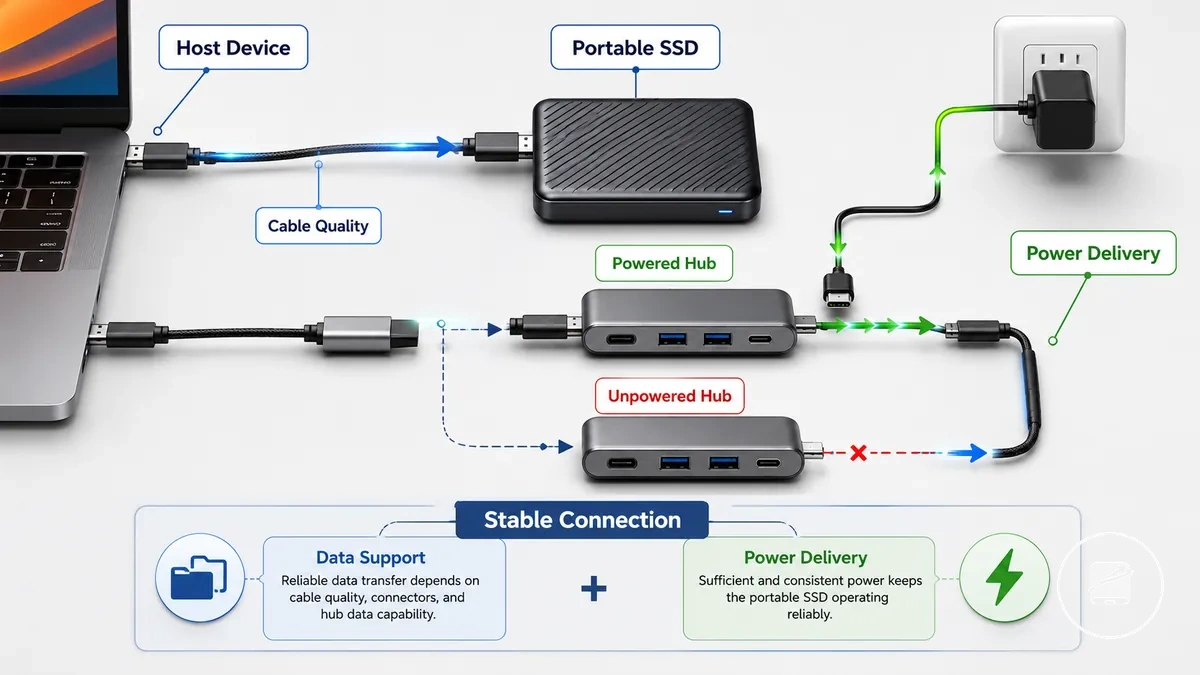 SSD portable connecté via un hub montrant les exigences d alimentation des disques auto-alimentés par le bus
