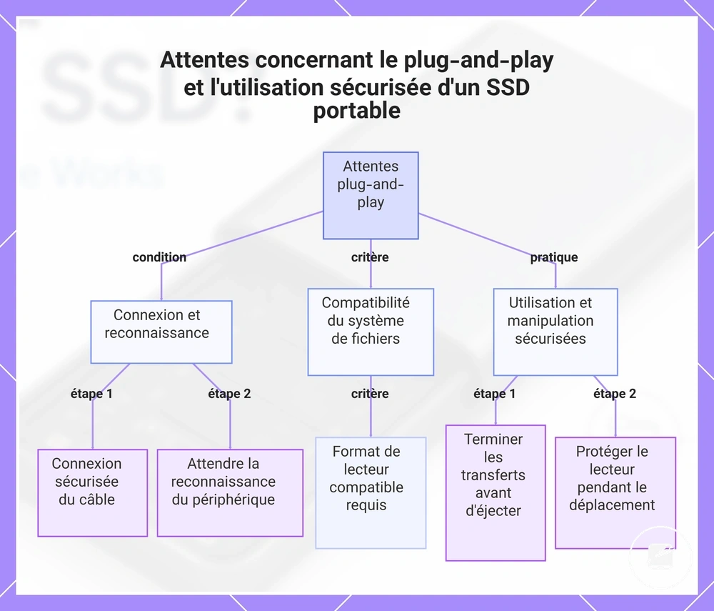 Attentes concernant le plug-and-play et l'utilisation sécurisée d'un SSD portable
