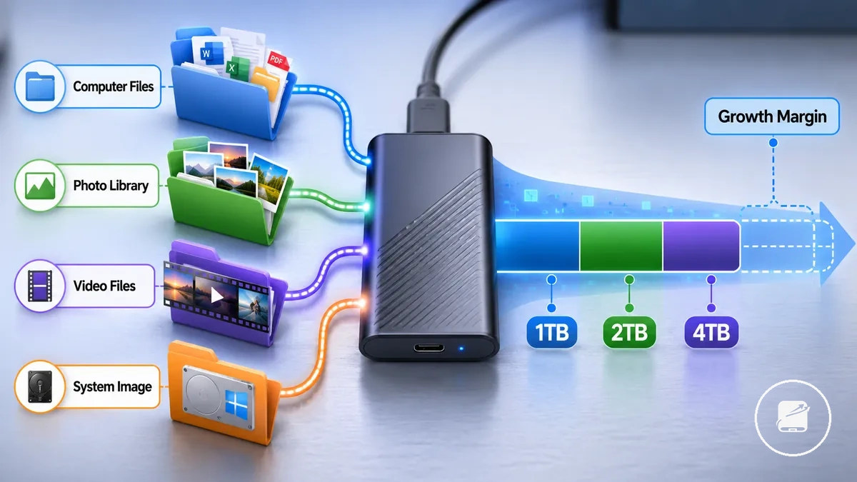 Graphique comparatif des besoins en capacité de stockage pour la sauvegarde sur SSD portable