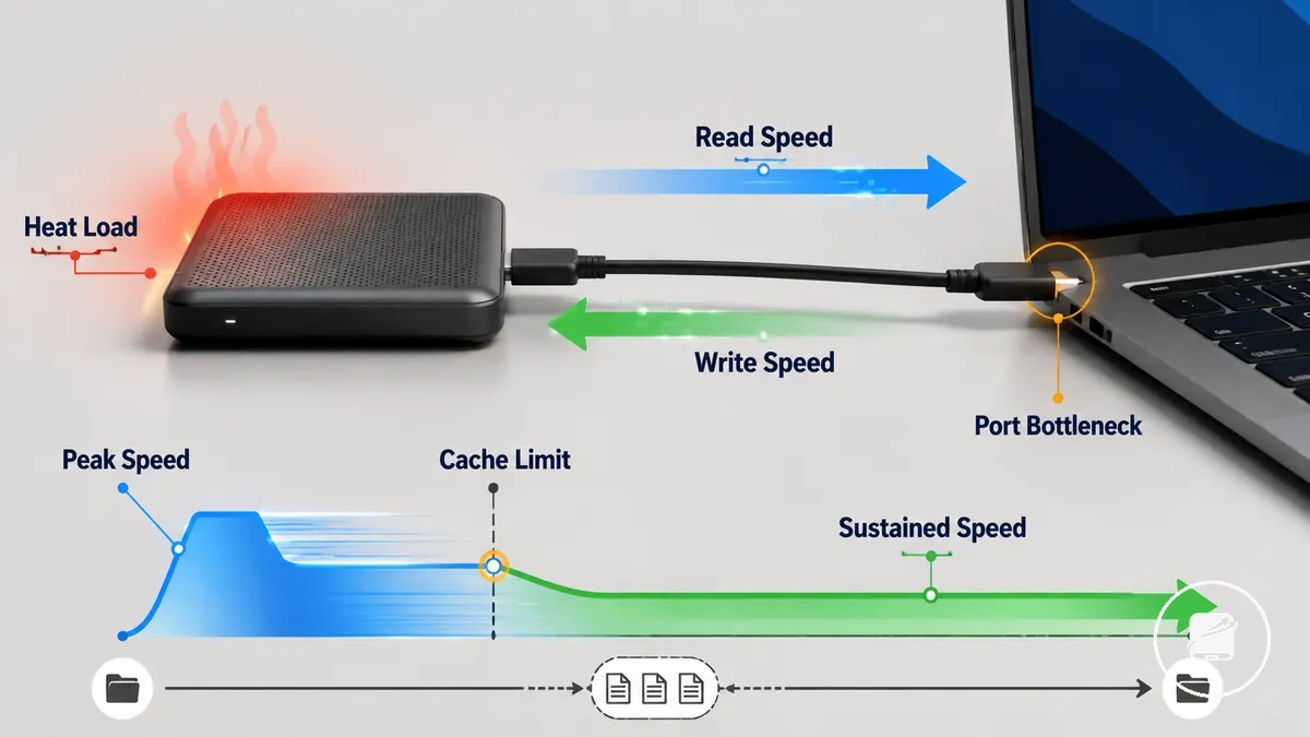 Vitesse de lecture écriture et transfert soutenu d un SSD portable expliquées avec les limites du câble et du port