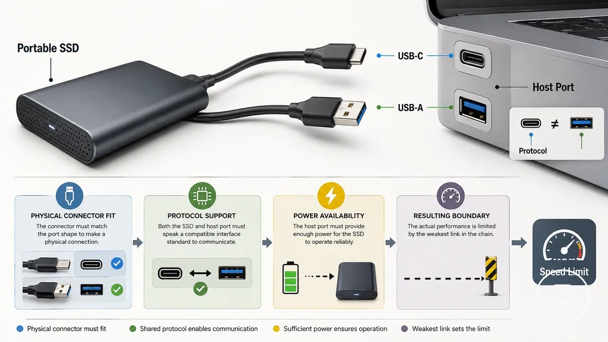 Ports USB-C et USB-A annotés montrant les conditions de compatibilité des SSD portables