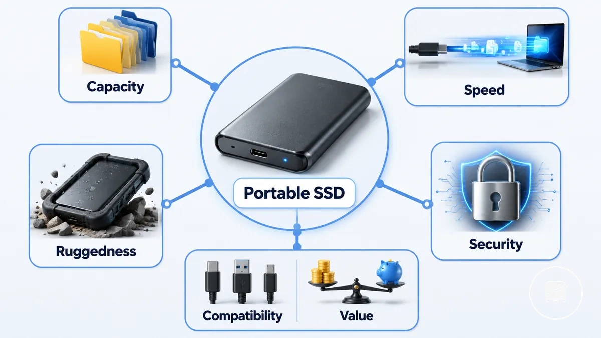 Diagramme des critères de sélection des SSD portables par usage incluant capacité, vitesse, robustesse, sécurité, compatibilité et rapport qualité-prix