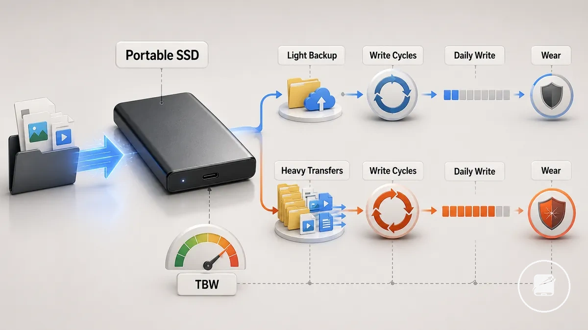 Exemple annoté de charge de travail d écriture et de TBW d un SSD portable