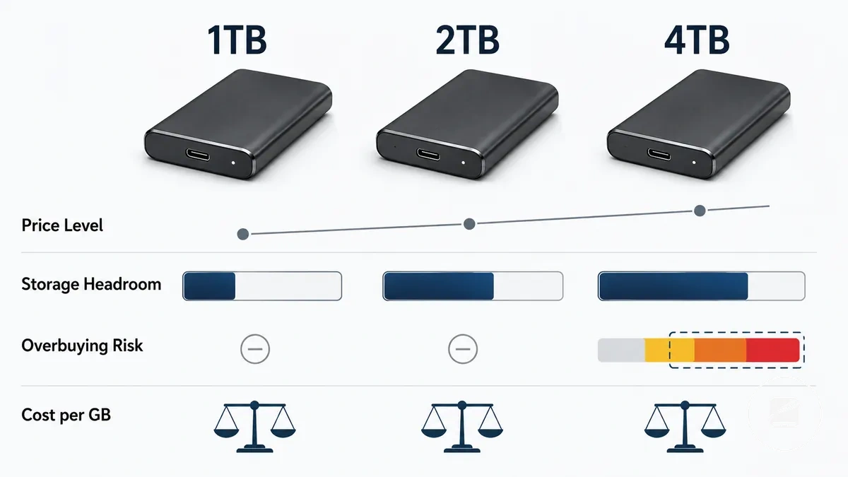 Comparaison des paliers de capacité 1 To, 2 To et 4 To des SSD portables par différence de valeur