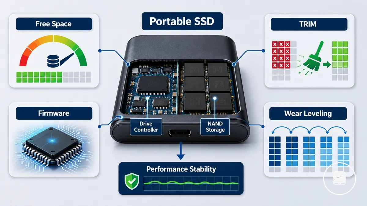 Diagramme de l espace libre, TRIM, firmware et usure uniforme d un SSD portable