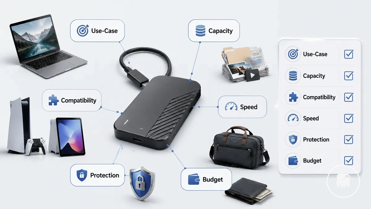 Liste de contrôle des exigences pour un SSD portable : appareil, taille des fichiers, portabilité et protection des données