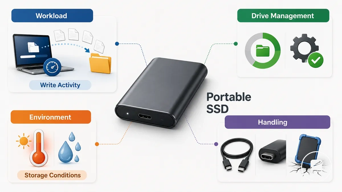 Diagramme des facteurs de charge de travail, de gestion du disque, d environnement et de manipulation affectant la durée de vie d un SSD portable