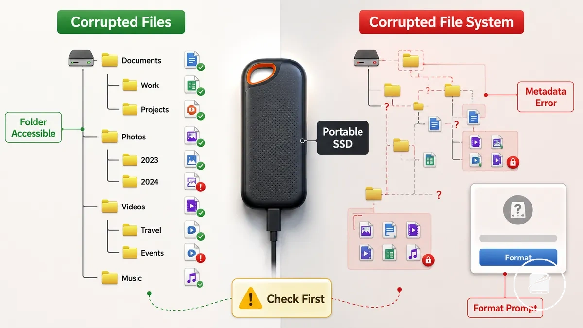 Image descriptive des fichiers corrompus par rapport aux systèmes de fichiers corrompus pour la récupération sur SSD portable