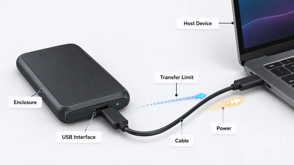 SSD portable annoté montrant l'interface USB, le boîtier, le câble et la connexion à l'appareil hôte