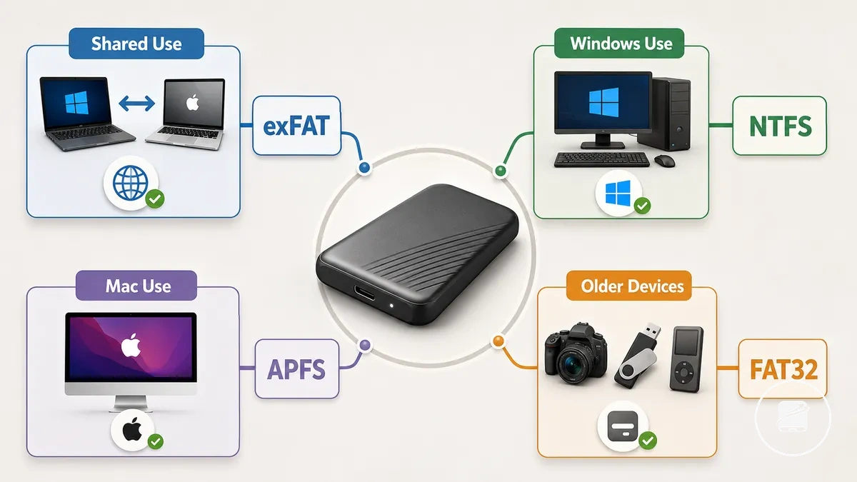 Graphique de choix de système de fichiers pour SSD portable pour Windows, Mac et cas d utilisation partagés