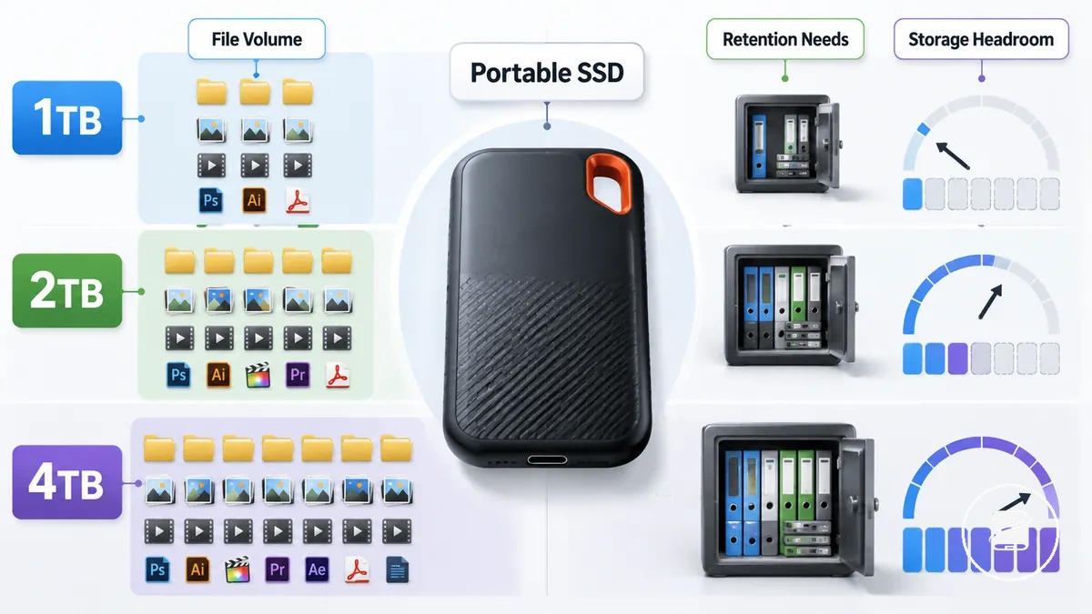 Plages de capacité des SSD portables comparées au volume de fichiers et aux besoins de marge de stockage