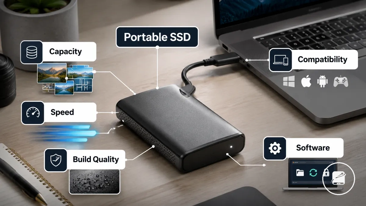 SSD portable avec facteurs de valeur étiquetés : capacité, vitesse, qualité de fabrication et compatibilité