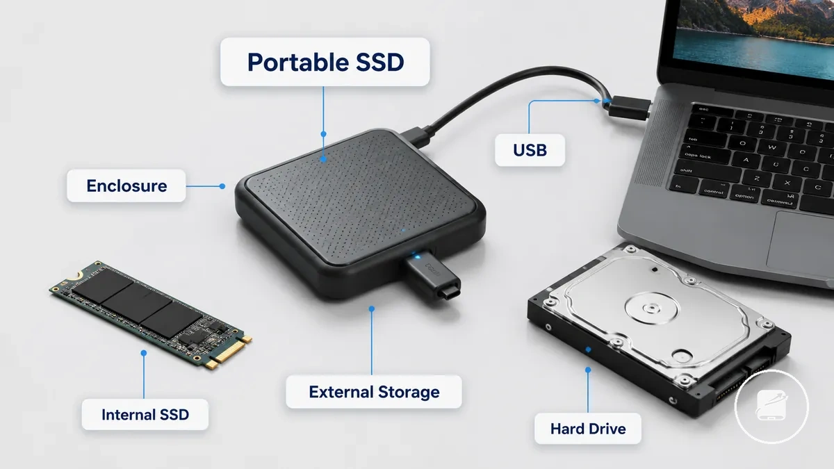 SSD portable avec câble et étiquettes de l’appareil montrant le rôle de stockage externe