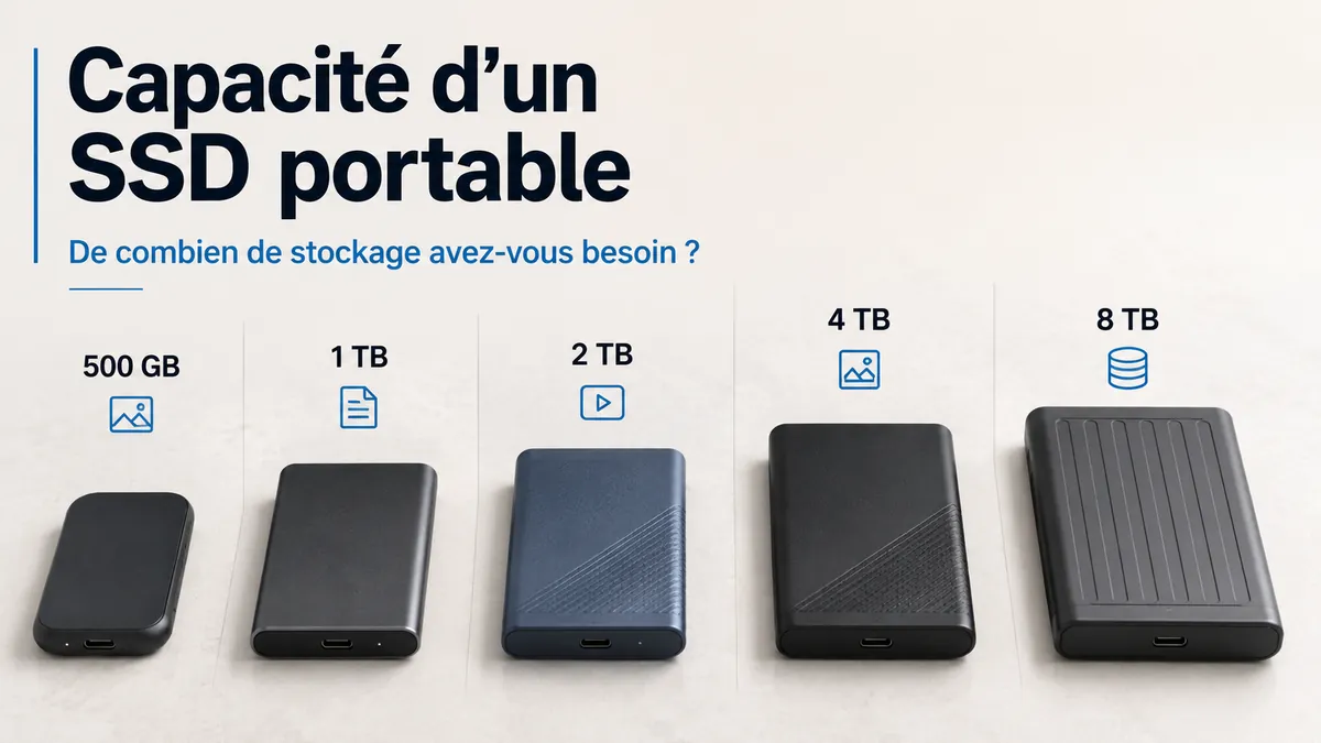 Plusieurs SSD portables de capacités différentes disposés pour être comparés