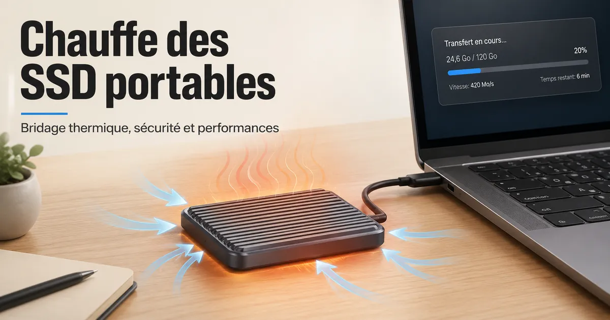 Un SSD portable posé sur un bureau pendant un transfert intensif, avec circulation d’air autour du boîtier