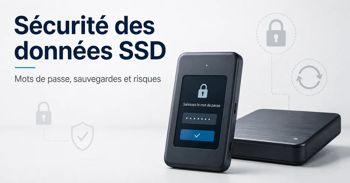 Un SSD portable sécurisé par mot de passe à côté d’un support de sauvegarde
