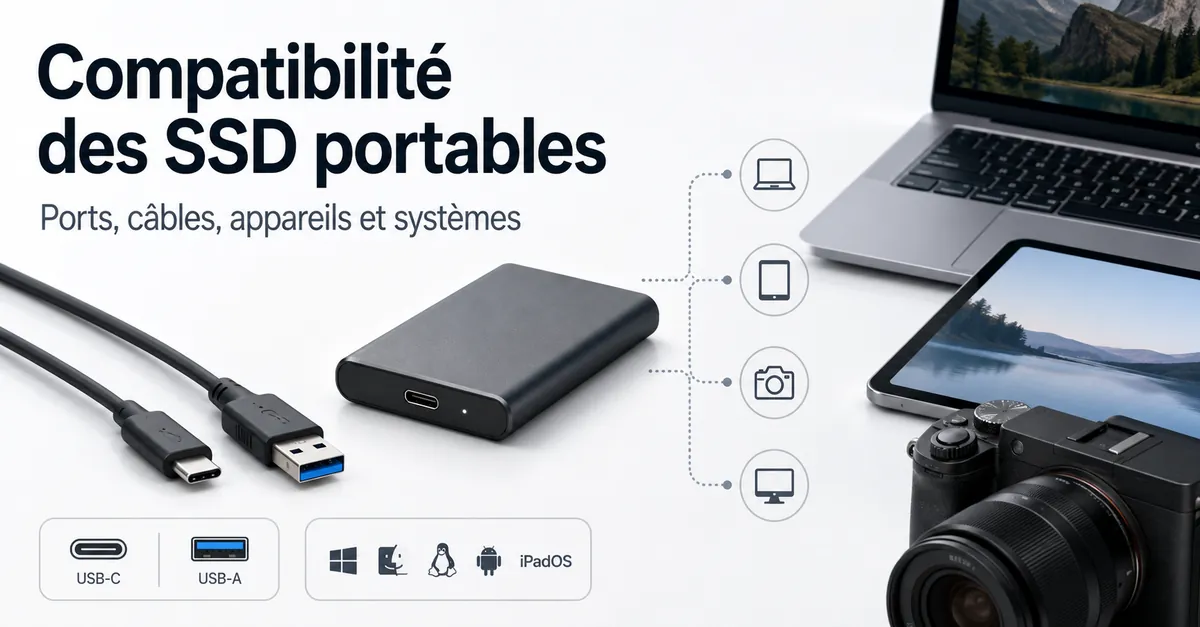 Un SSD portable avec des câbles USB-C et USB-A à côté d’appareils compatibles