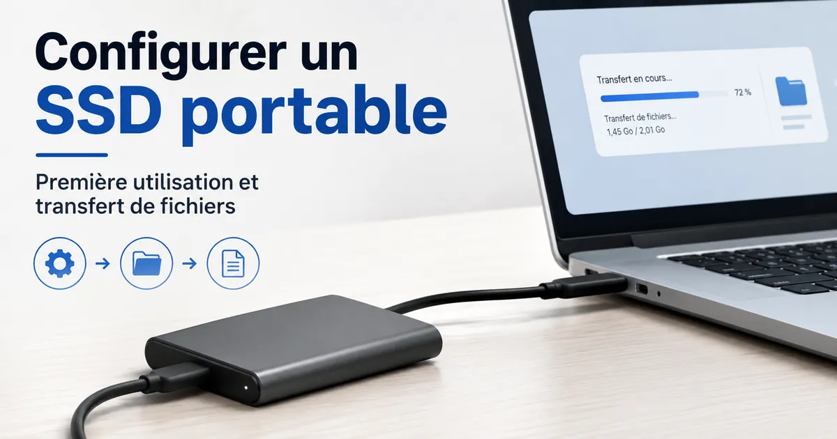 Un SSD portable connecté à un ordinateur pour sa première configuration et un transfert de fichiers