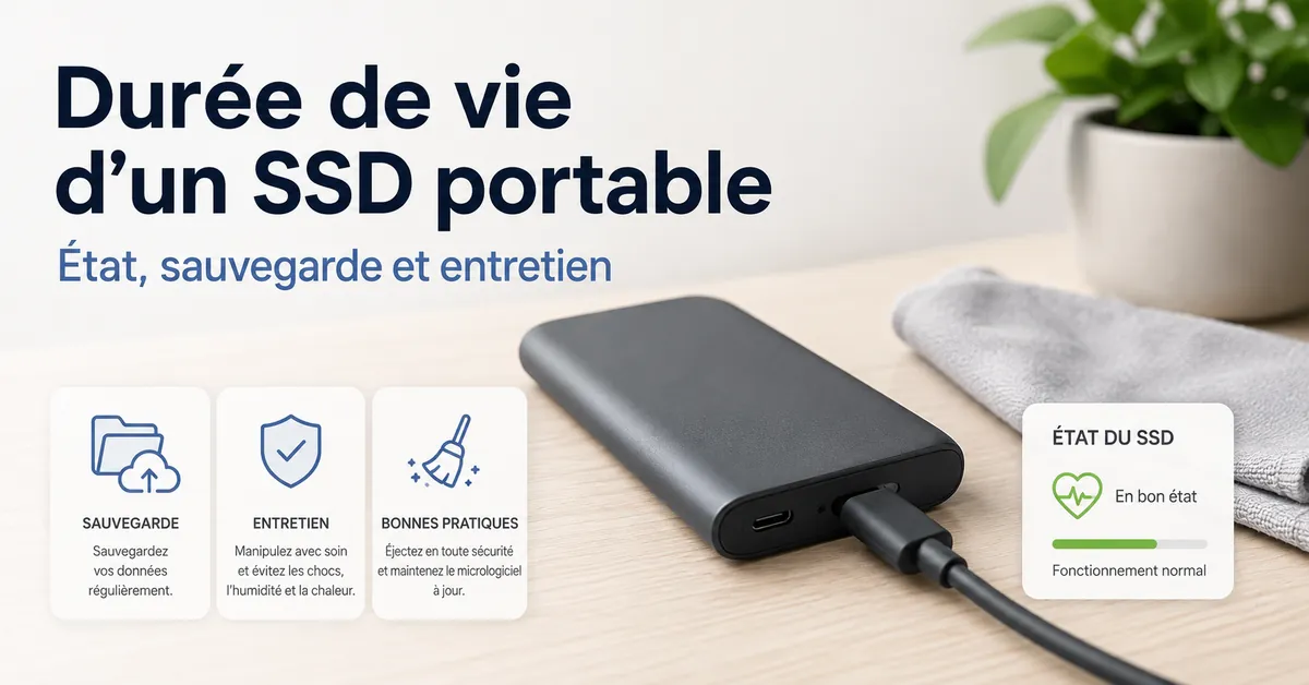 Un SSD portable sur un bureau avec des éléments liés à l’entretien, à la sauvegarde et à l’état du disque