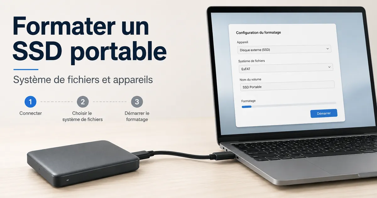 Un SSD portable connecté à un ordinateur affichant les options de formatage et de système de fichiers