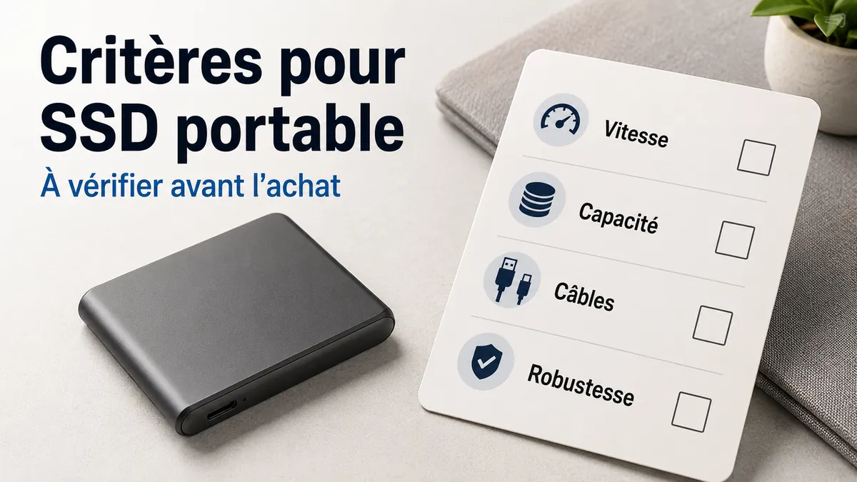 Une liste de critères d’achat pour comparer la vitesse, la capacité, les câbles et la robustesse d’un SSD portable