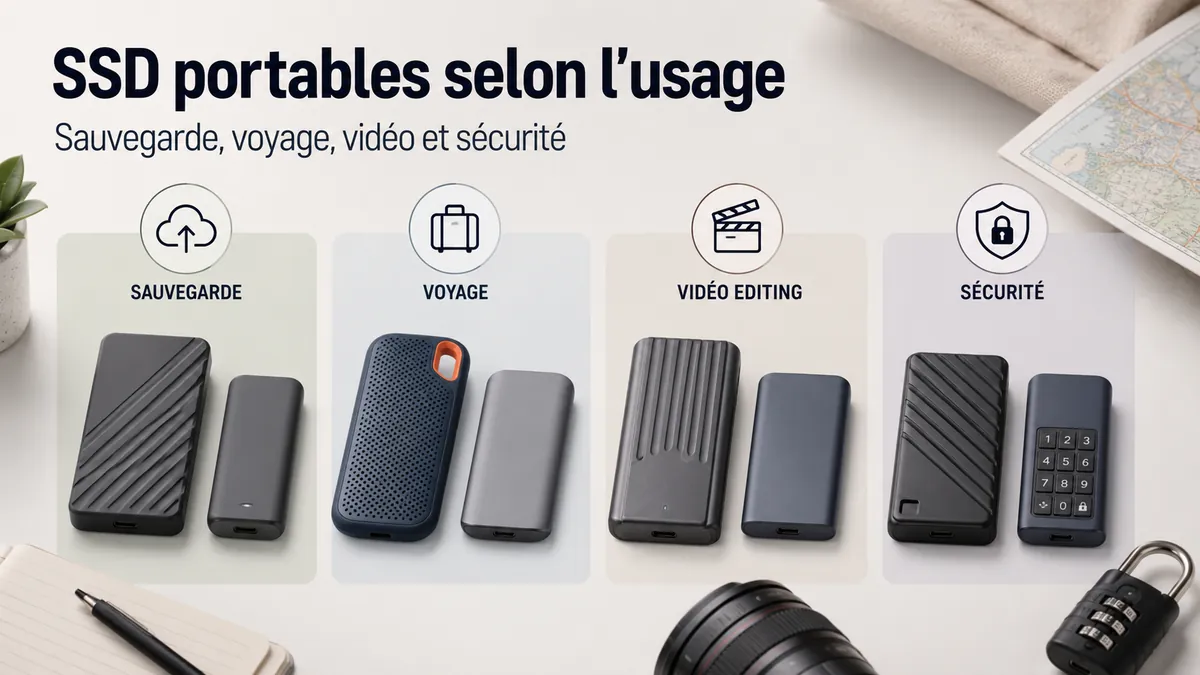Différents SSD portables classés selon les besoins de sauvegarde, de voyage, de montage vidéo et de sécurité