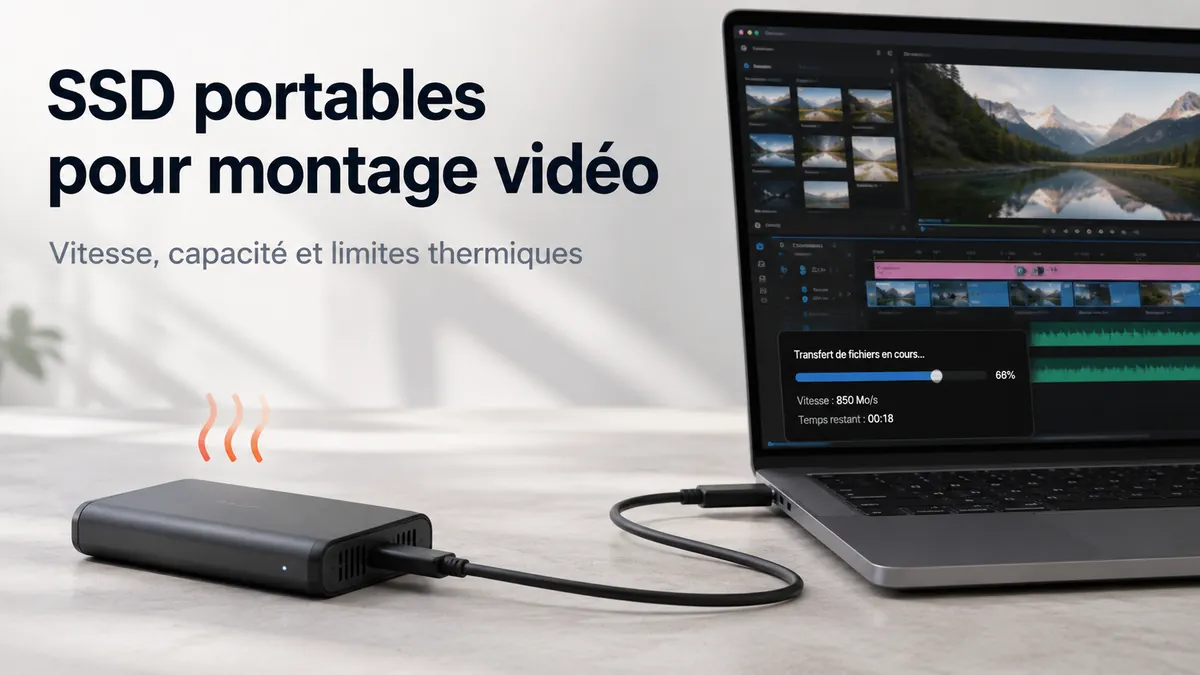 Un SSD portable connecté à une station de montage vidéo pendant le transfert de fichiers multimédias