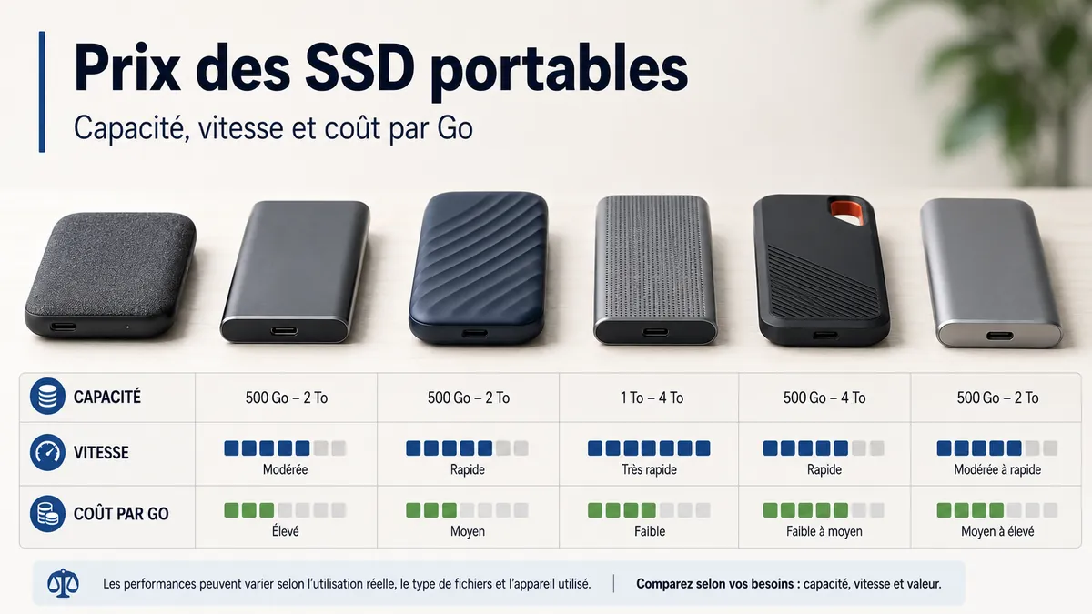 Plusieurs SSD portables comparés selon leur capacité, leur vitesse et leur rapport qualité-prix