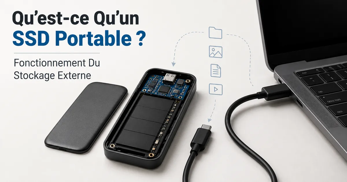 Un SSD portable ouvert à côté d’un câble et d’un appareil pour montrer le fonctionnement du stockage externe
