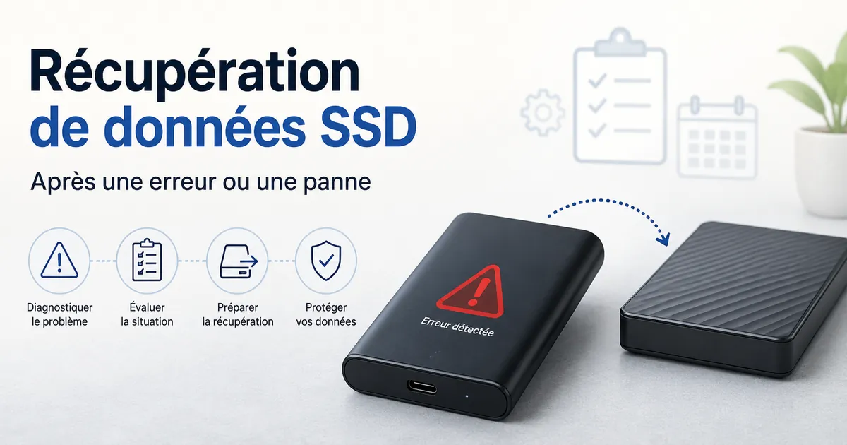 Un SSD portable affichant une alerte d’erreur à côté d’un support de sauvegarde pour préparer la récupération des données