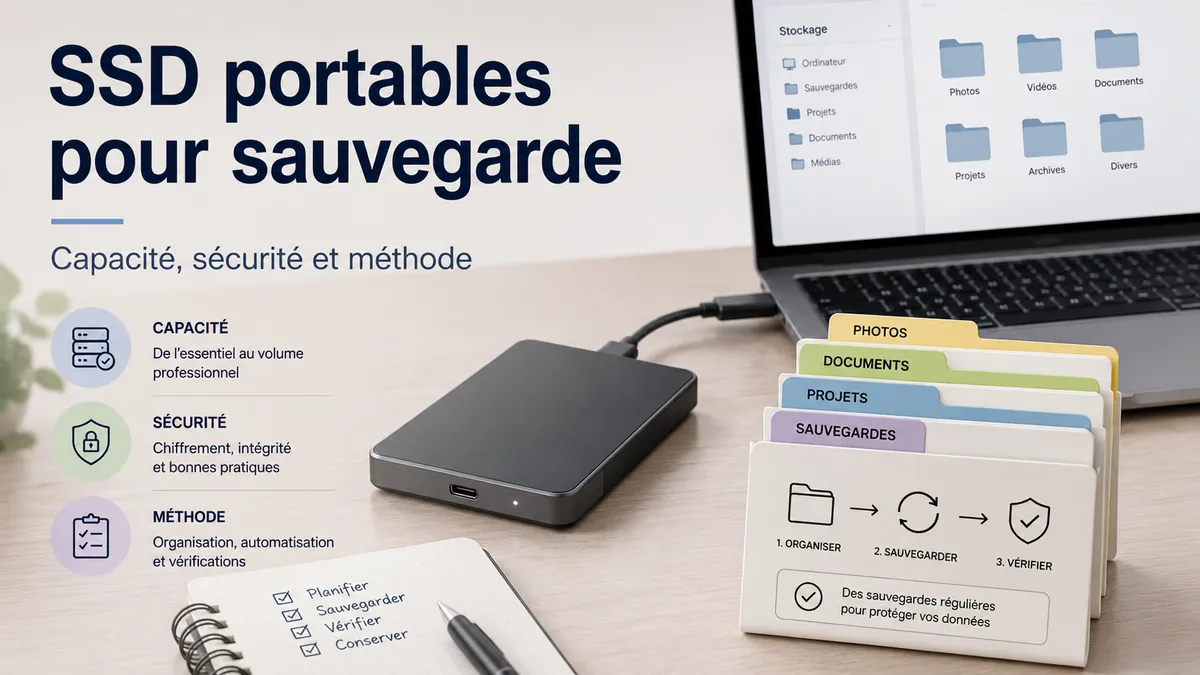 Un SSD portable utilisé comme support de sauvegarde à côté d’un ordinateur et de dossiers organisés