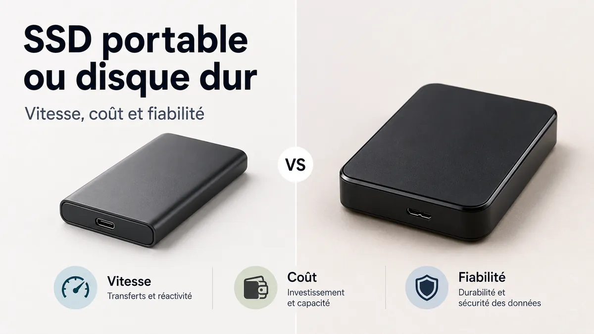 Un SSD portable et un disque dur externe placés côte à côte pour comparer les solutions de stockage