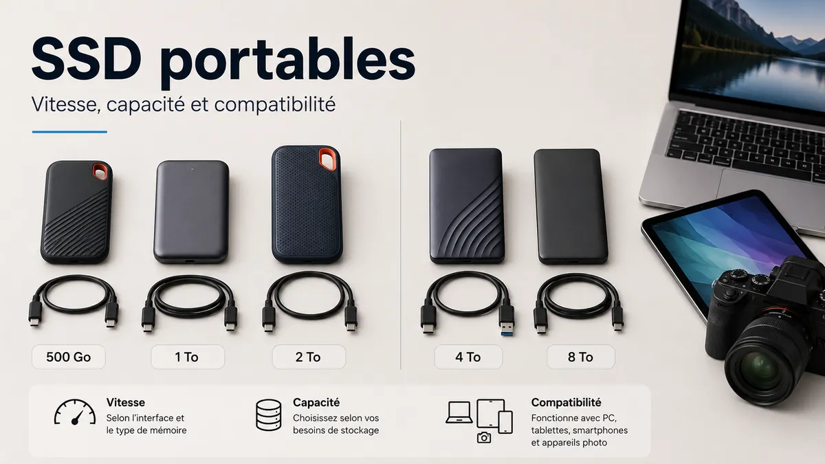 Plusieurs SSD portables avec leurs câbles, leurs capacités de stockage et des appareils compatibles