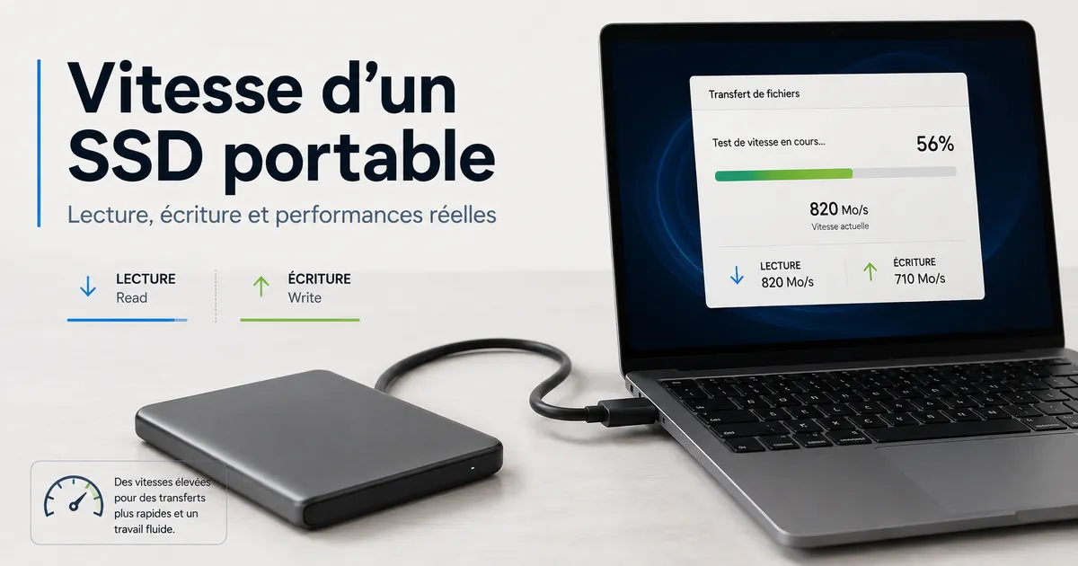 Un SSD portable connecté à un ordinateur pendant un test de vitesse de transfert de fichiers