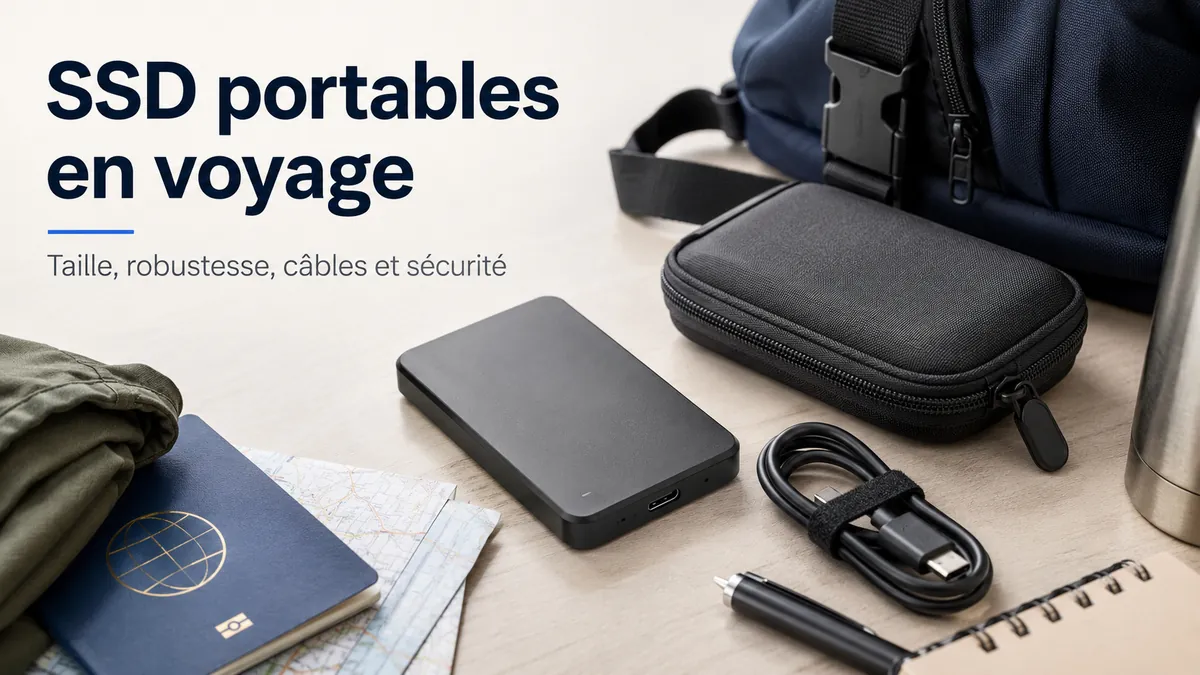 Un SSD portable rangé avec son câble et son étui de protection pour le voyage