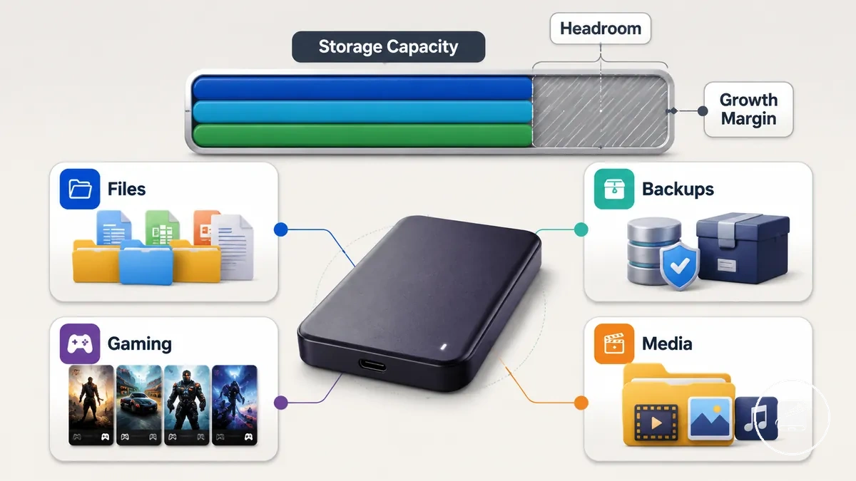 Necessidades de capacidade de armazenamento de SSD portátil para arquivos, backups, jogos e mídia
