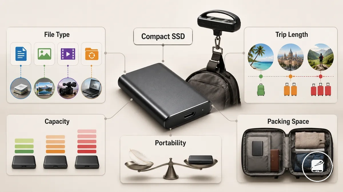 Critérios de capacidade e portabilidade de SSD portátil para armazenamento em viagem